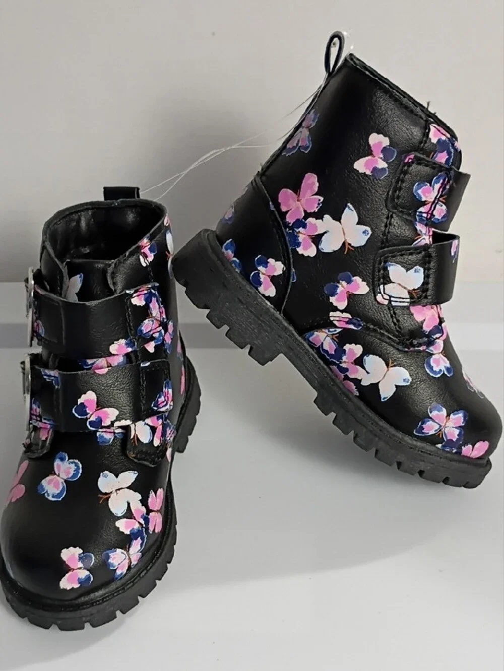 CARTER'S Black Ankle Boots with Heart-Buckles and Pink & Blue Butterflies SIZE 7